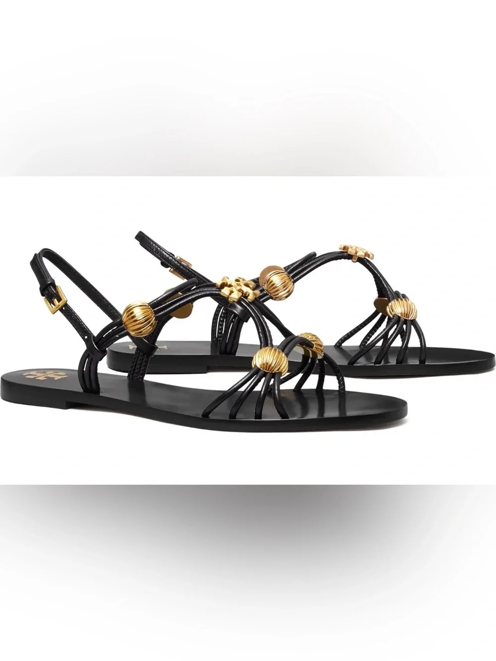 Tory Burch Capri Multi-Strap Sandals in Black and Gold Size 8.5